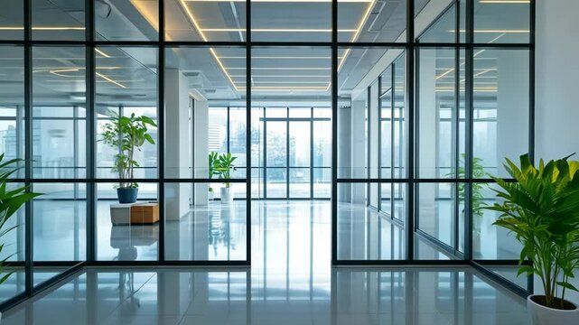 A view through a large glass partition in a modern office building, with sleek black frames and a bright, spacious interior