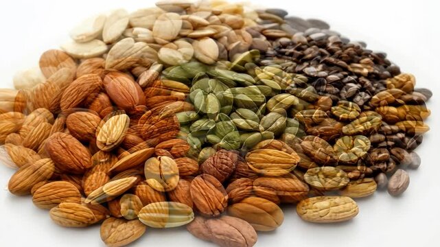 A close-up view of a variety of nuts and seeds, including almonds, pumpkin seeds, and coffee beans