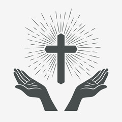 Black and White Open Hands with Cross and Divine Light, Symbol of Faith and Prayer. Design Template for Church Logo. Prayer, Religion Concept Monochrome Cut Out Silhouette Icon. Vector Illustration