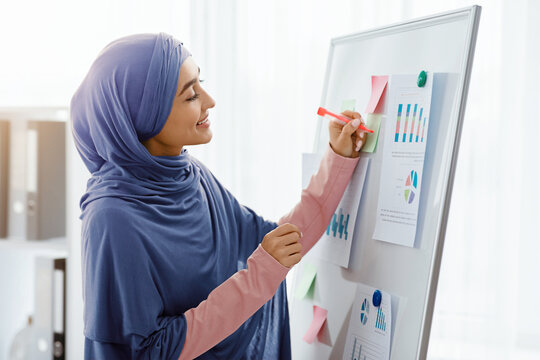 Islamic businesswoman in hijab preparing for presentation in office, taking notes, writing on white board with pinned graphs and charts