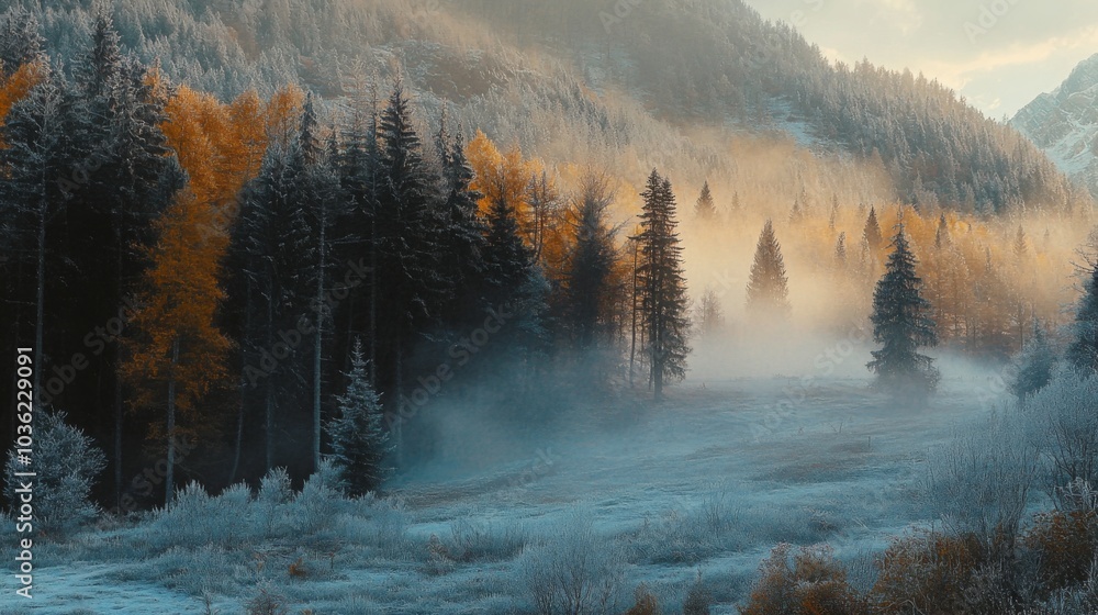 Poster the tranquil forest is enveloped in mist during an early morning.