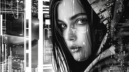 Futuristic portrait of a woman with digital interface overlays, merging technology and human elements