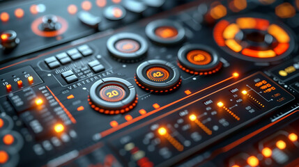 Futuristic control panel with illuminated dials and switches in vibrant orange and black tones