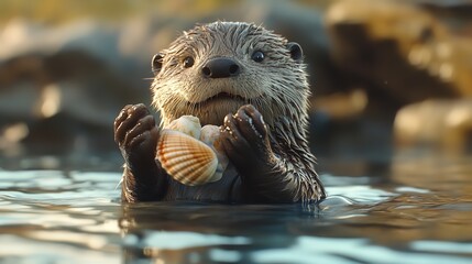 3D Cute Baby Otter Holding a Pastel Colored Seashell Underwater