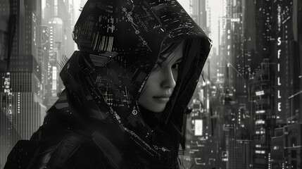 A woman in a hooded jacket stands in a futuristic cyberpunk cityscape with neon lights and digital elements