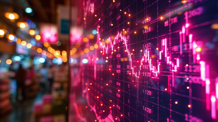 Obraz premium Stock market data display with glowing pink graphs and blurred background of a busy trading environment