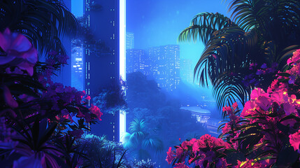 Fototapeta premium Futuristic tropical cityscape at night, with neon lights and lush plants framing the skyline