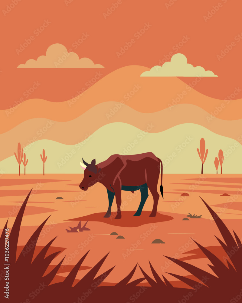 Poster in a dusty field a lone cow grazes on withered grass. the rest of the field is empty cleared out due