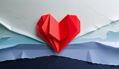 Red paper heart craft in origami style
