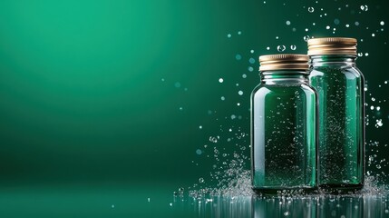 Reusable glass bottles with bubbles on green background