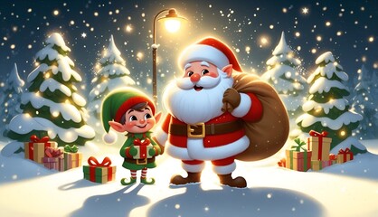 A cheerful, animated winter scene featuring Santa Claus on the right standing beside a cute elf the left in a snowy landscape.
