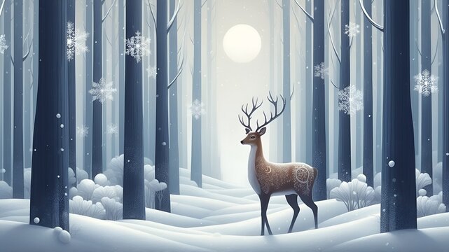 A digital painting of a majestic white-tailed deer with antlers covered in frost, standing in a serene winter forest. The forest is filled with tall, bare trees and a soft blanket of snow on the groun