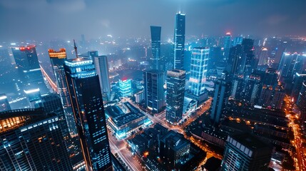 Obraz premium Night View of Modern Skyscrapers in a City