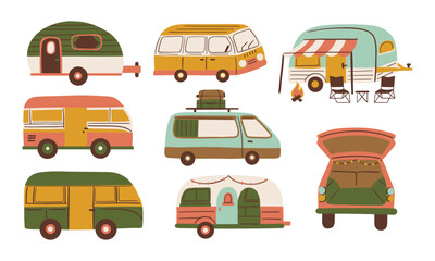 Car Camping Vintage Vans. A set of vintage camper vans, cozy trailers, and car camping setups. Perfect for outdoor adventure lovers, travel, road trips, and camping designs