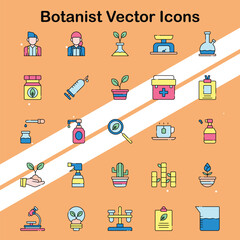 Collection of botanist vector icons illustrating plant studies and nature suitable for environmental and educational themes.