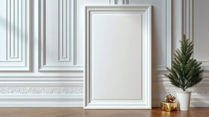 Fototapeta premium A contemporary vertical frame mockup is displayed against a wooden wall, accompanied by a decorative Christmas tree and candle on a table