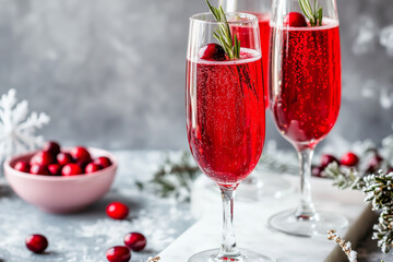 Three glasses with a sparkling red Christmas cocktail served with some red berries