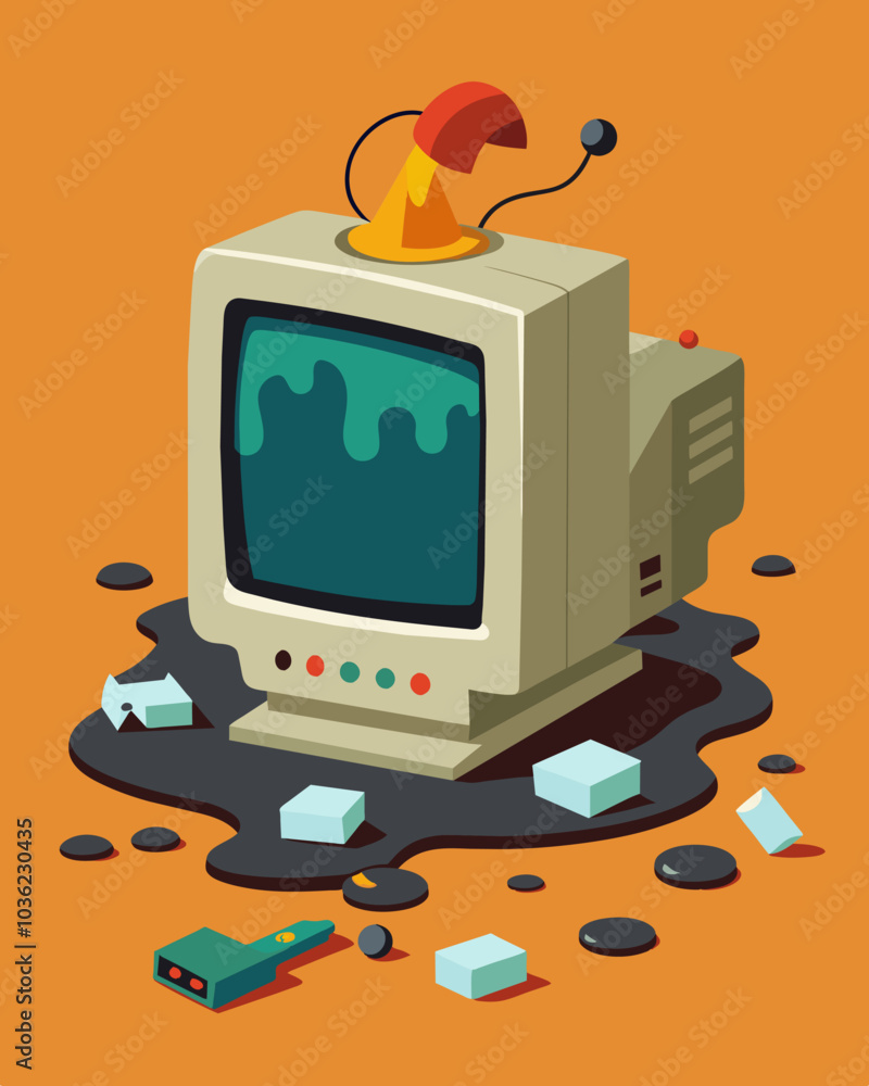 Poster an old crt monitor being disassembled and its glass components being melted down for reuse.. vector 