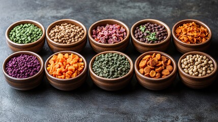 High-end pet food display in chic bowls, offering a blend of raw food, dehydrated vegetables, and high-protein kibble, artistically arranged