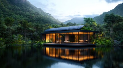 Fototapeta premium Solar panels on modern house by lake in lush forest