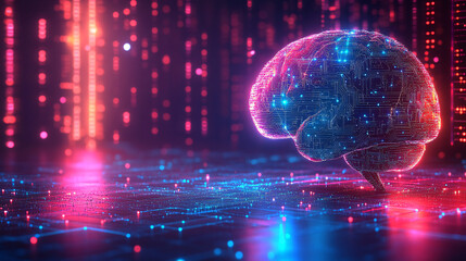 A futuristic 3D render of a human brain amidst vibrant digital circuitry on a pastel background, ideal for technology, innovation, and education themes.
