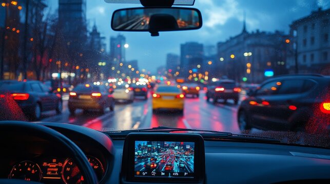 Interior view of a modern car, dash cam fixed on the windshield, capturing bustling city traffic under cloudy skies, cars ahead and pedestrians crossing