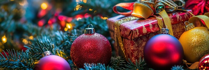 Merry x-mas,Close up of Colorful balls ,gifts box and Christmas greeting picture parcel,bell decoration on Green Christmas tree background Decoration During Christmas and New Year , ai