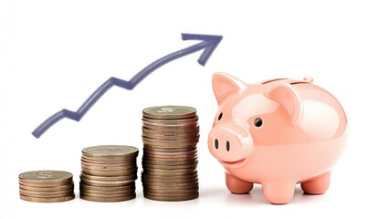 A piggy bank next to stacked coins and an upward arrow, symbolizing savings and growth.