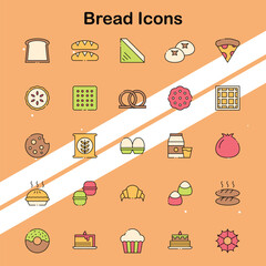 Set of bread icons representing various types of bread and baking styles perfect for food and culinary themes.