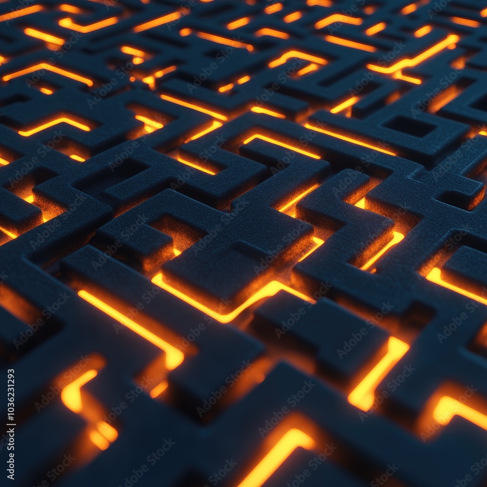 Poster a maze-like pattern with glowing orange lines against a dark background.