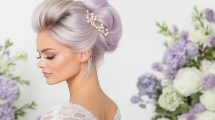 A chic bun adorned with a pearl hairpin enhances pastel lilac hair against a soft lavender backdrop
