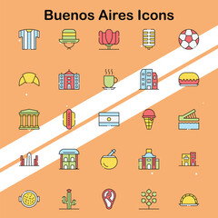 Set of Buenos Aires icons depicting cultural and iconic landmarks suitable for travel and tourism themes.