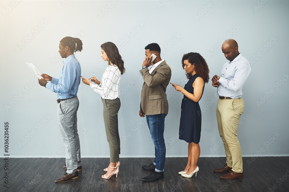 Poster Office, technology and row of business people for hiring, recruitment or patience for corporate career. Diversity, men and women as candidates with smartphone, document or waiting queue for interview