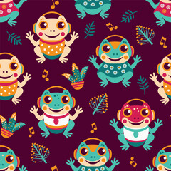 bright musical frogs on a colored background. seamless pattern. Vector illustration