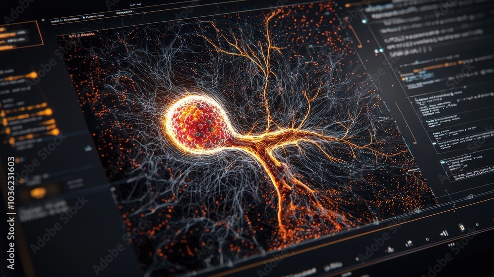Poster futuristic lab setup for studying stem cell behavior and cellular regeneration with holographic disp
