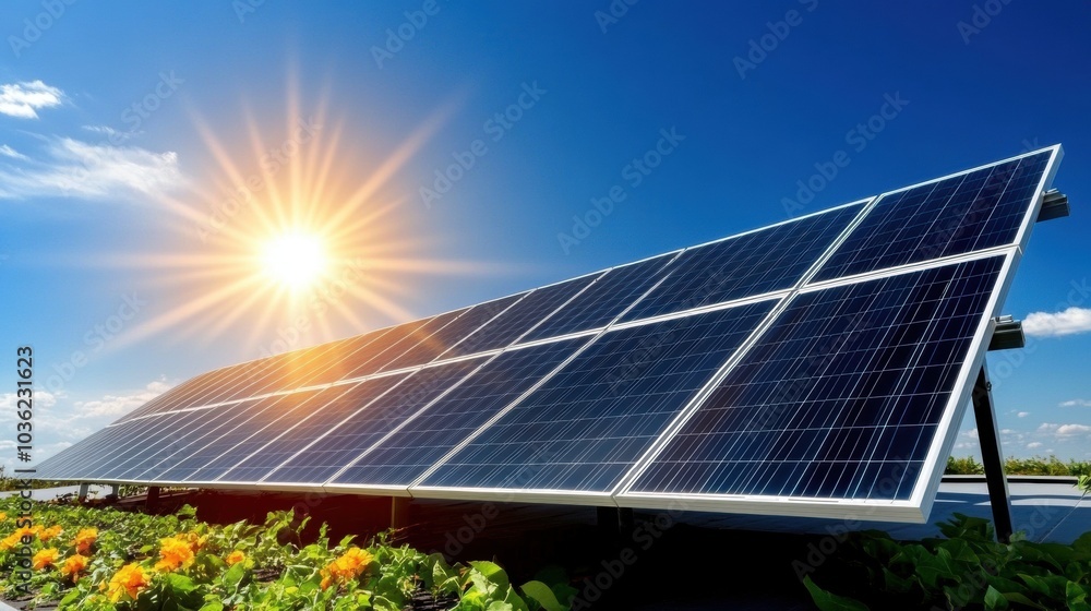 Wall mural solar power plant with bright sun and blue sky