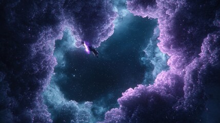 Fototapeta premium A futuristic spaceship conducts hull repairs while orbiting a vibrant nebula filled with colorful gases and starlight