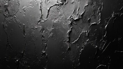 Fototapeta premium A textured black wall showcases an intricate cracked surface, adding depth and interest for artistic projects or decor choices in interior design.
