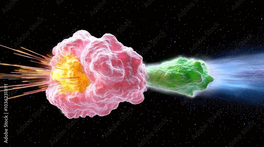 Poster simulation of proton collisions in a particle accelerator illustrating spiral trails of particles fr