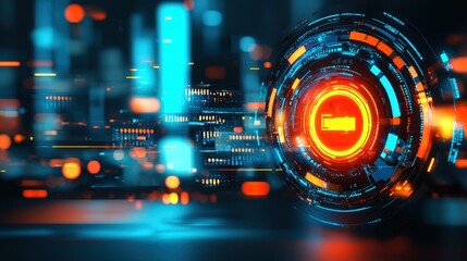 Holographic security breach warning in a futuristic cityscape reveals urban cyber vulnerabilities