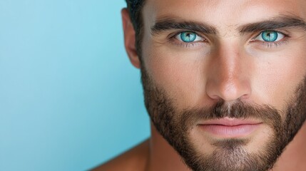 Obraz premium A man with a strong jawline and soft eyes showcases makeup artistry that beautifully blends masculinity and femininity against a soft blue backdrop