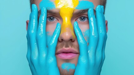 A man with vitiligo showcases vibrant colors on his face and hands against a bright blue background, celebrating individuality and artistry
