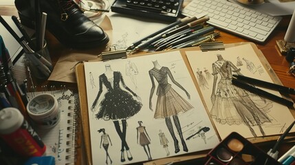 Fashion Designer's Desk with Dress Sketches and Art Supplies