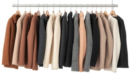 A variety of garments, including coats and dresses in neutral hues, are elegantly arranged on a rack against a stylish gray backdrop