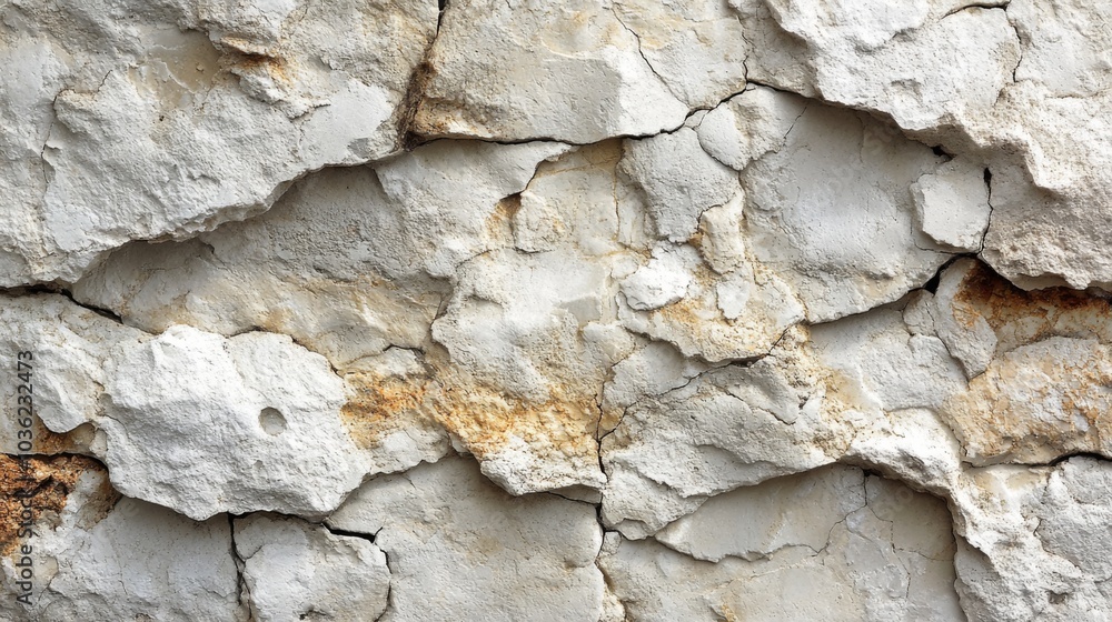 Poster a detailed view of a cracked wall with various tones and textures, showcasing the effects of weather