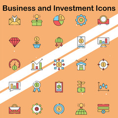 Collection of business and investment icons depicting financial growth and strategies suitable for corporate themes.