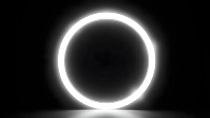 4K glowing white circle frame with reflection on black background.
