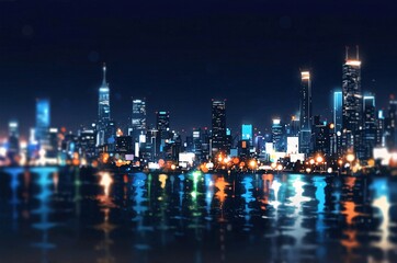 Obraz premium Landscape cityscape at night blurred with water reflection illustration.
