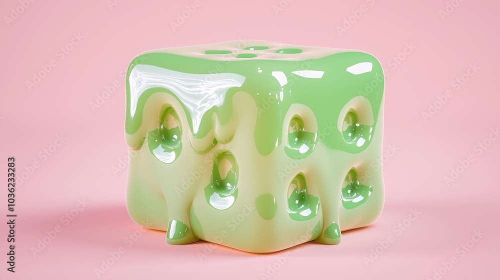 Poster a smooth green cube with a glossy finish resting on a light coral background, casting soft reflectio