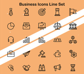 Collection of business icons in line art style representing various corporate and professional elements.